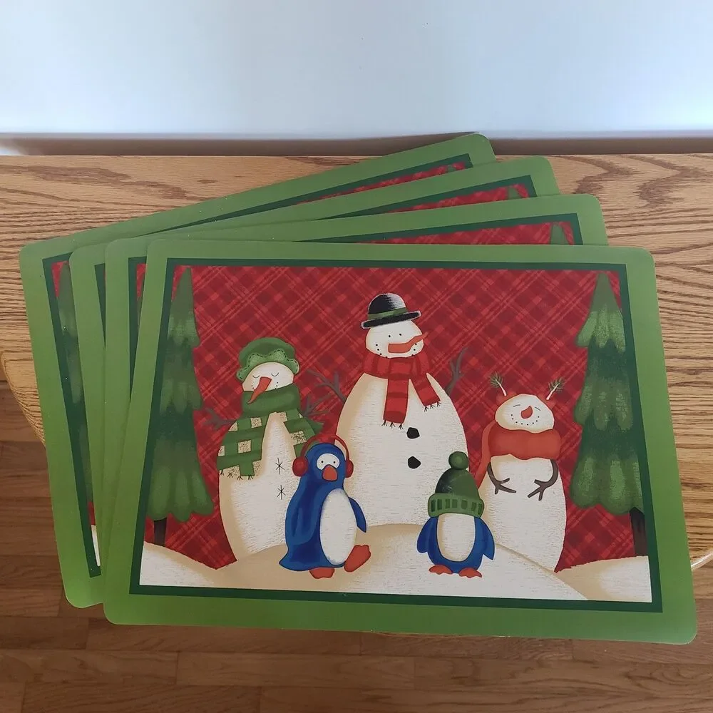 Holiday Time Vinyl Holiday Placemats Snowman And Penguin Print Set Of Four